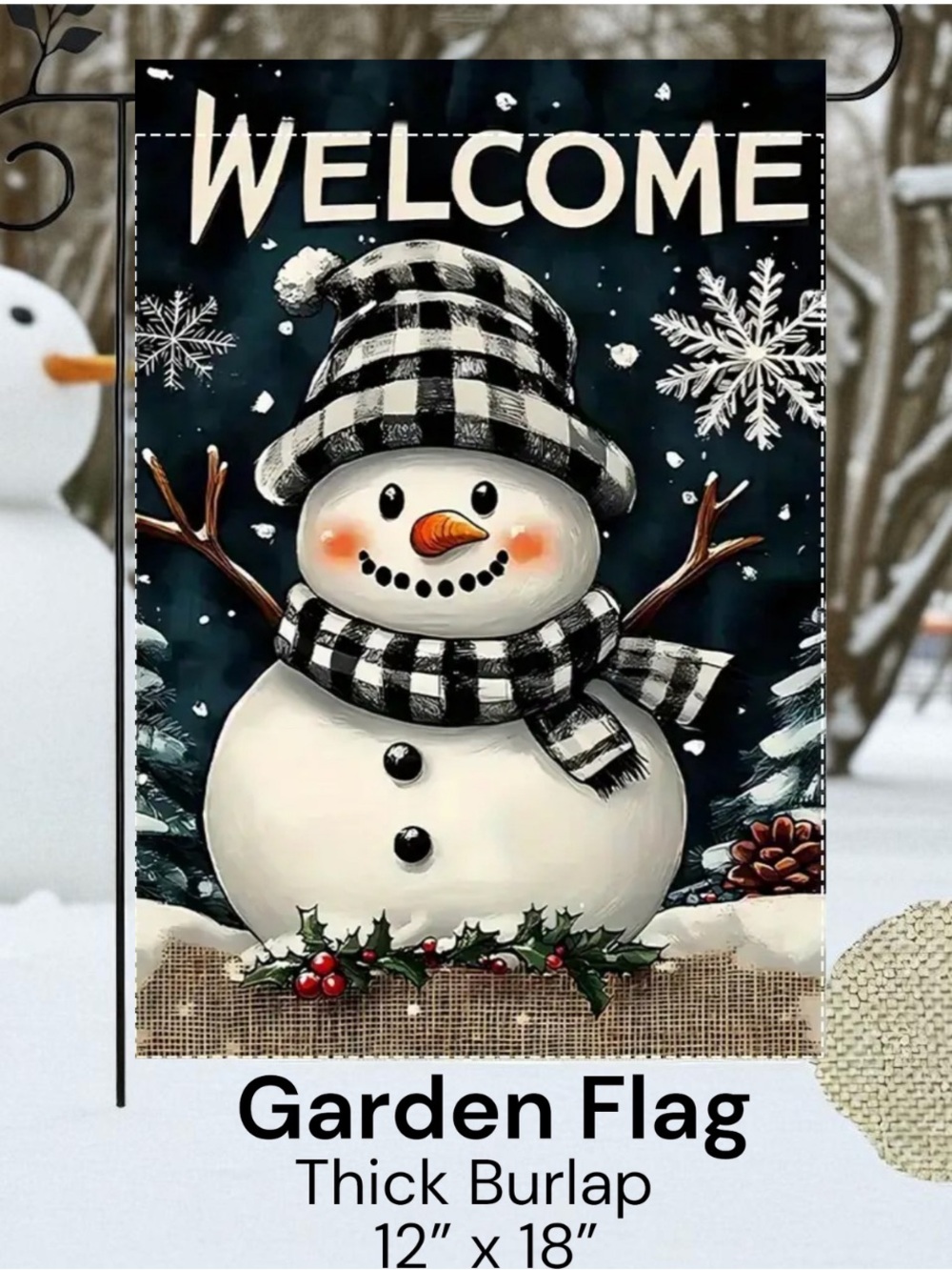 Snowman Welcome Garden Flag, Burlap, approximately 12x18 inches